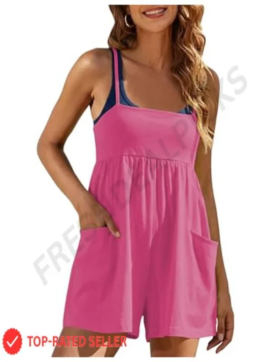 Women's Strappy Square Neck Romper with Pockets, Soft Rayon Spandex Jumpsuit