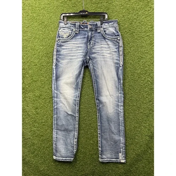 Rock Revival Jeans Mens 33 Distressed Light Wash Denim Keenan Straight Leg Y2K