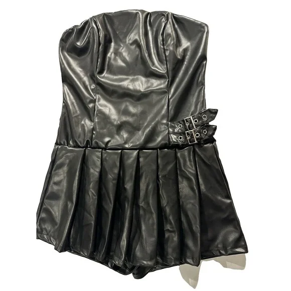 Fashion Nova‎ Faux Leather Strapless Romper Black Buckle Detail Size L
