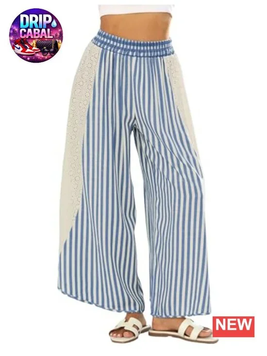 Wide Leg Lounge Pants with Side Lace Accents - Flat Front, High Rise Palazzo