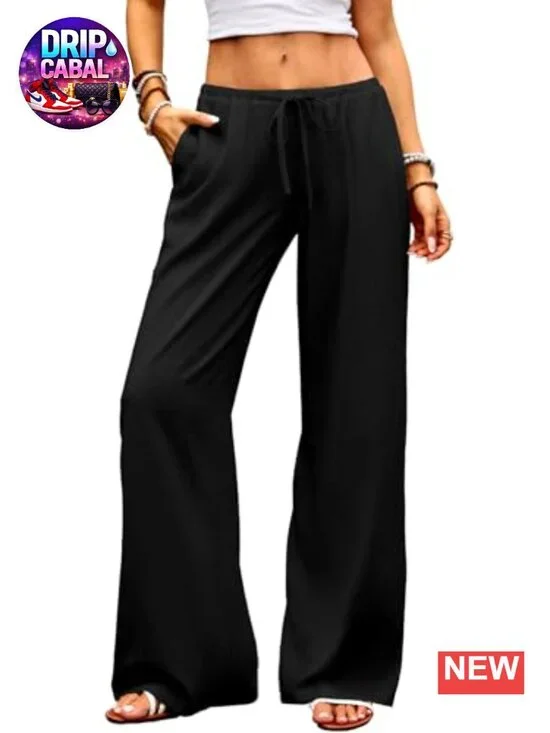 Wide Leg Linen Pants Women Low Rise Drawstring Palazzo Trousers Summer