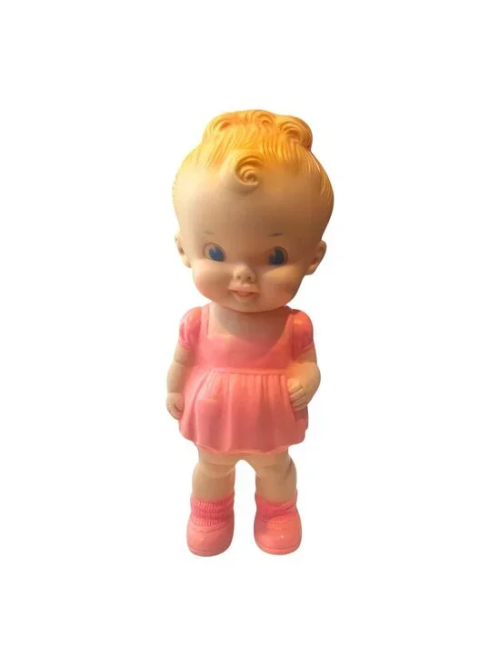 Sun Rubber Ruth Newton Girl Doll Pink Dress Working Squeaker 8 Inch Vtg 1950s