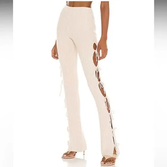 GUIZIO Rib Knit Tie Pant in Light Oat Small Revolve Cashmere