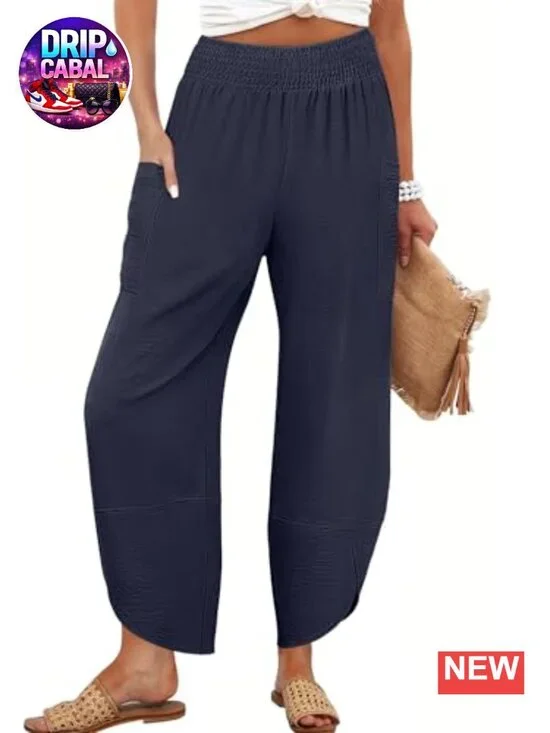 Womens Wide Leg Palazzo Capri Barrel Pants High Waisted Cropped Trousers