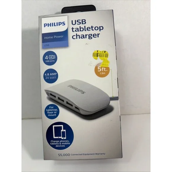 PHILIPS Ultra Slim 4-Port USB Charger For Tabletop, Floor Or Mount - 5ft - Phone