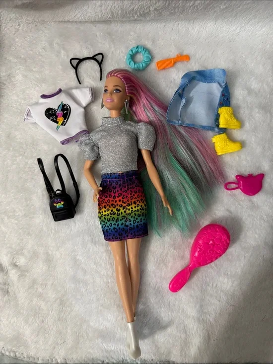 Rainbow Leopard Skirt Barbie Doll with Pastel Hair & Accessories