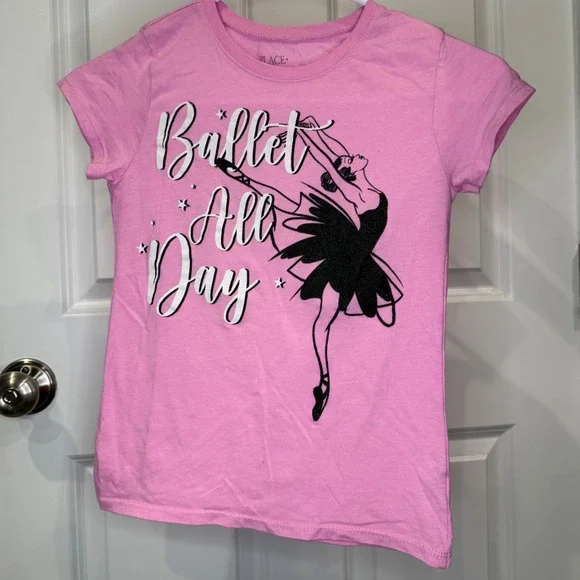 The Childrens Place‎ Girls Pink Glitter Ballerina Graphic Tee Size M 7/8