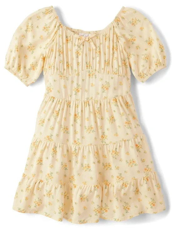 The Children's Place Cream & Yellow Floral Tiered Puff-Sleeve Dress