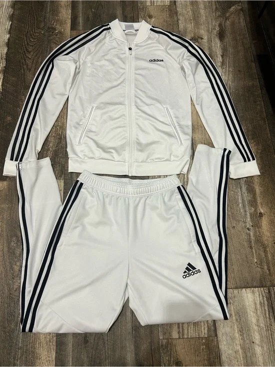 Adidas Essentials 3-Stripes Set Pants & Jacket Size S White Black  Full Zip