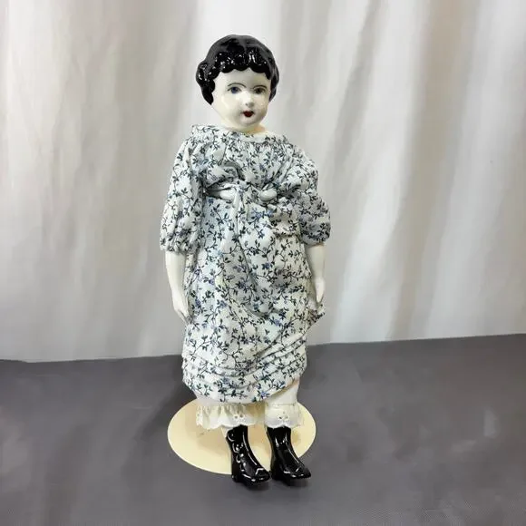 China Shoulder Head Doll Black Hair Blue Floral Cotton Dress Soft Body 11