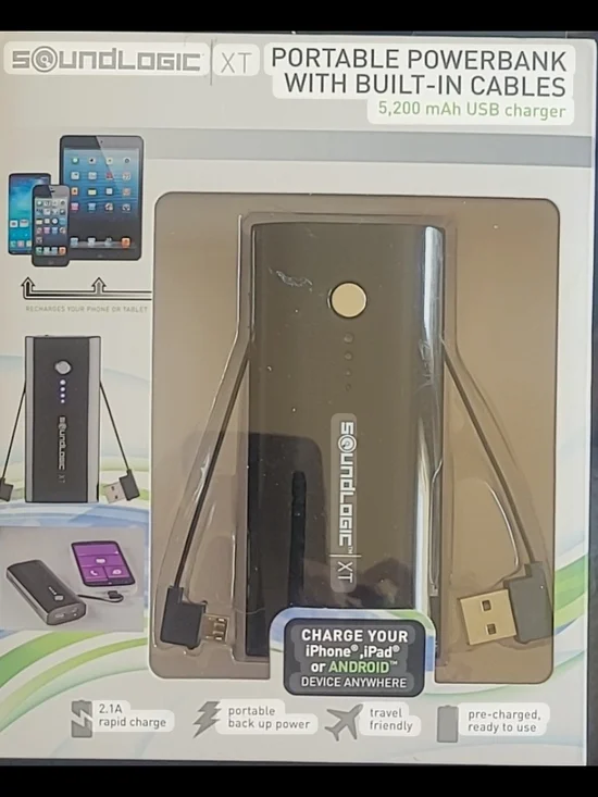 SoundLogic XT Portable Powerbank with Built-In Cables features a 5,200 mAh