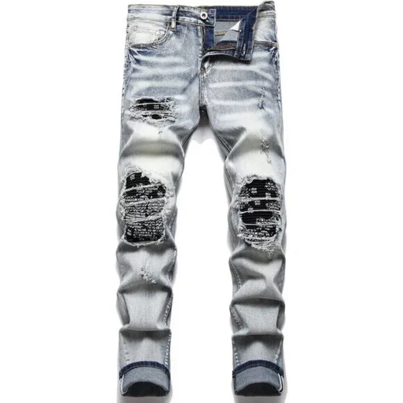 Men's Patch Ripped Stretch Regular Fit Jean