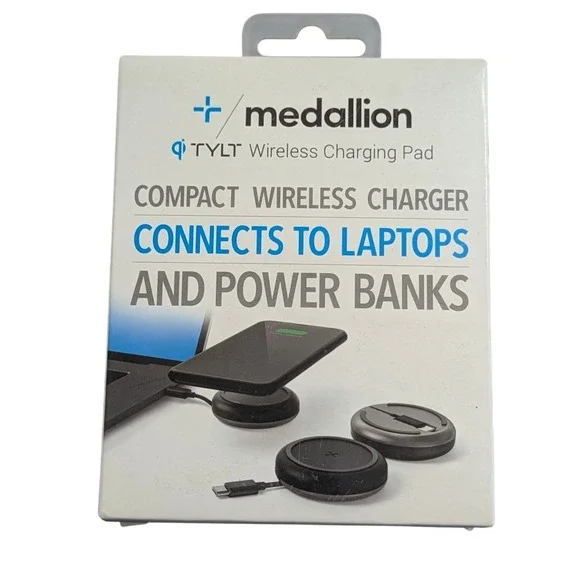 X5-N Tylt Medallion Compact Wireless Charging Pad W/ attached Type C Cable Black