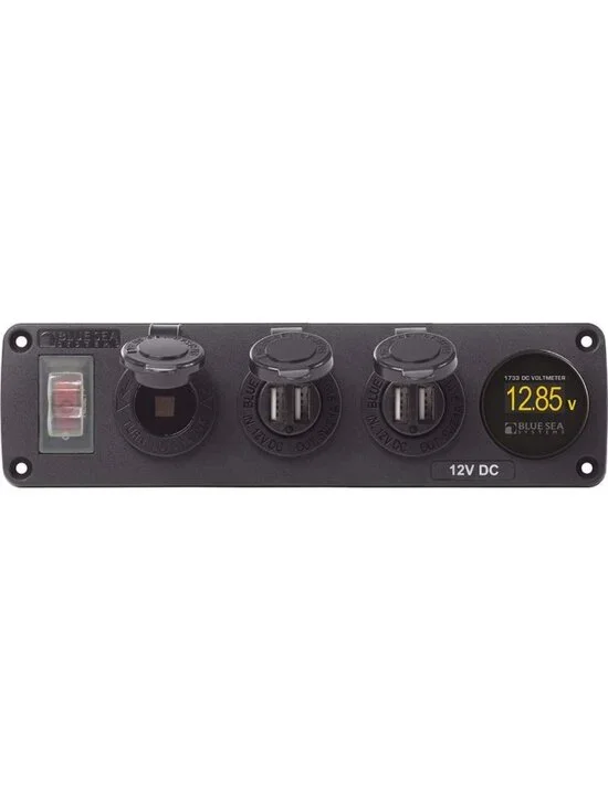 Water-Resistant Accessory Panel with 12V Socket, Dual USB Chargers & Voltmeter