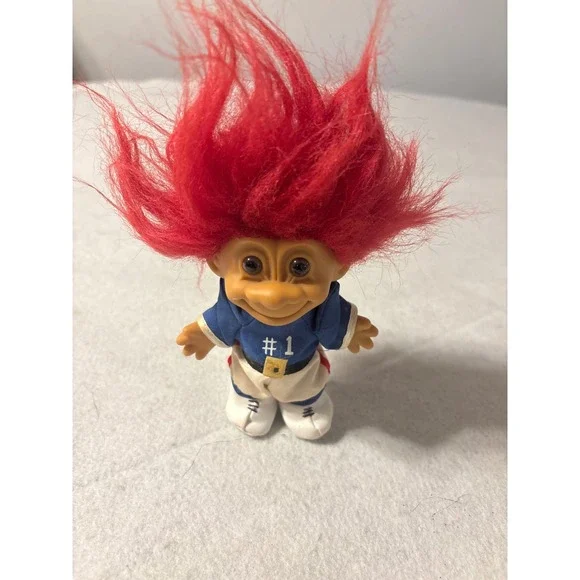 Vintage Troll Doll Red Hair Sports Uniform #1‎ Jersey Blue White 3 inch Figure