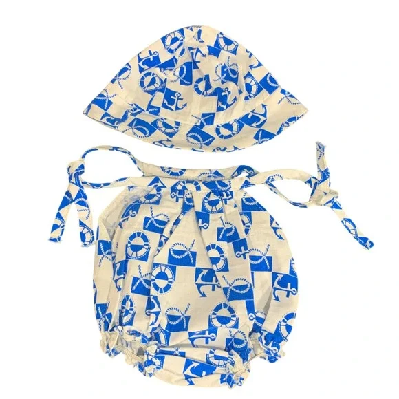 VTG My Friend‎ Doll Nautical Anchor Romper and Hat Set Blue White Summer Outfit