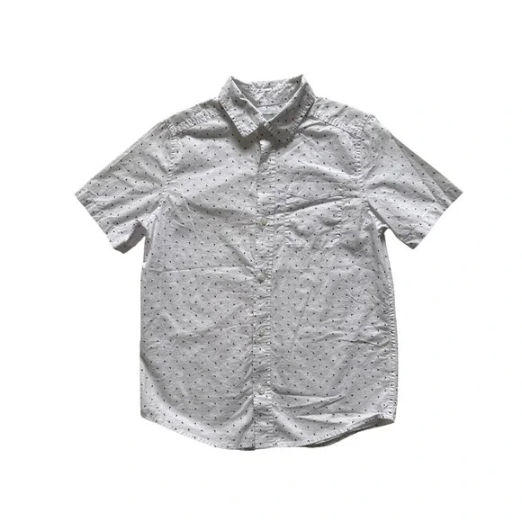 The Childrens Place Boys White Navy Arrow Print  Button Down Shirt 10/12