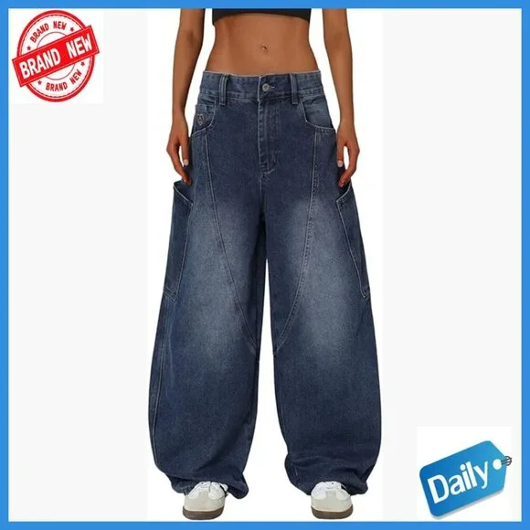 Men's Wide Leg Barrel Cut Jeans with Big Pockets, Unisex Streetwear