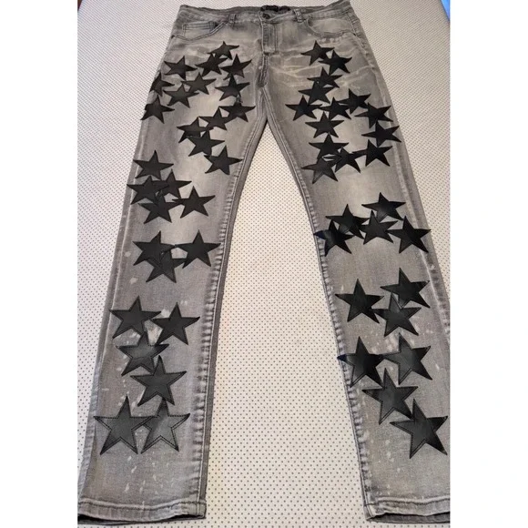 Waimea Mens Skinny Fit Gray Jeans Black Leather Star Applique Streetwear 34x32