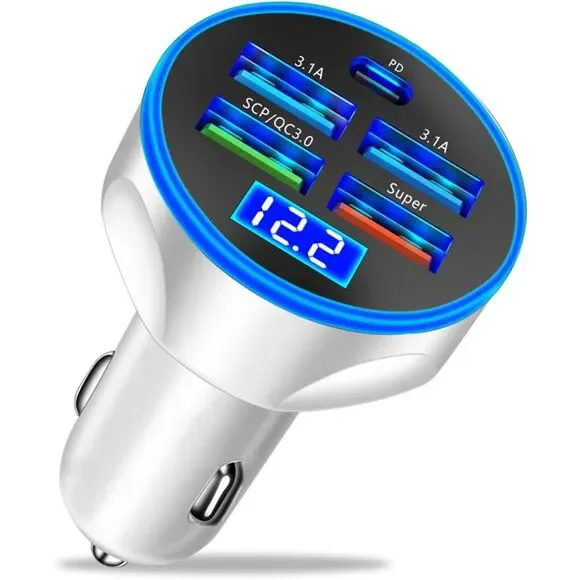 250W Multi Port USB Car Charger LED Voltmeter Fast Charge Type-C White 12V 24V