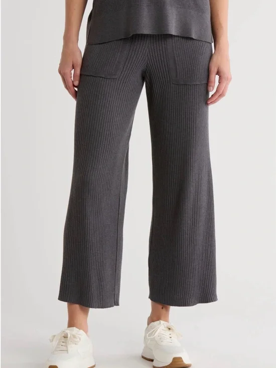 Splendid Charcoal Gray Rib-Knit Wide Leg Pants