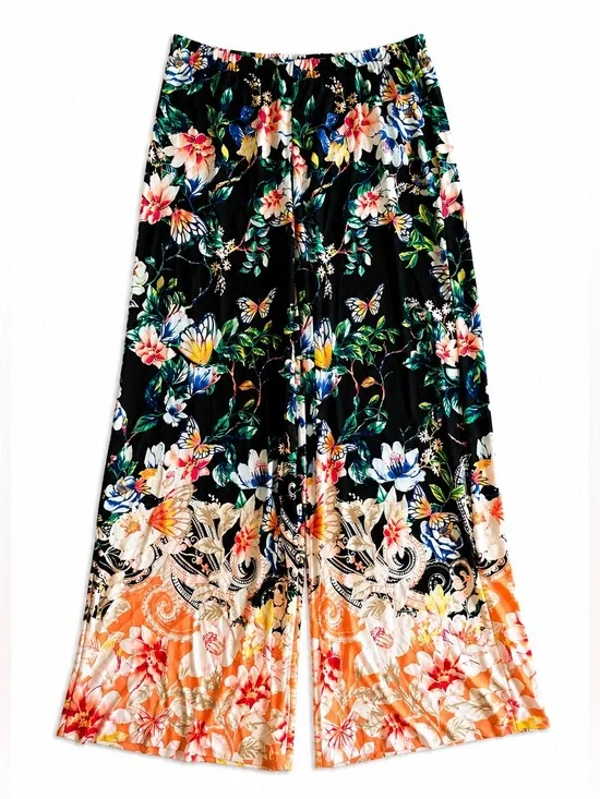 Chico’s Butterfly Garden Floral Palazzo Wide Leg Pants Black Multi 1R (US 8-10)