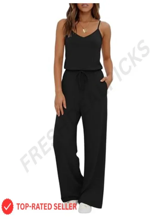 Sleeveless V-Neck Wide Leg Jumpsuit with Pockets Tummy Control Summer Romper