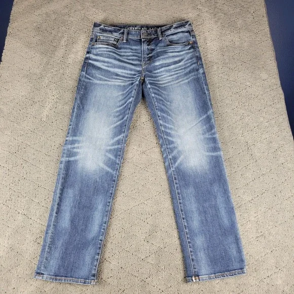 American Eagle Jeans Mens 33x32 Blue Original Straight Honeycomb Whisker Stretch