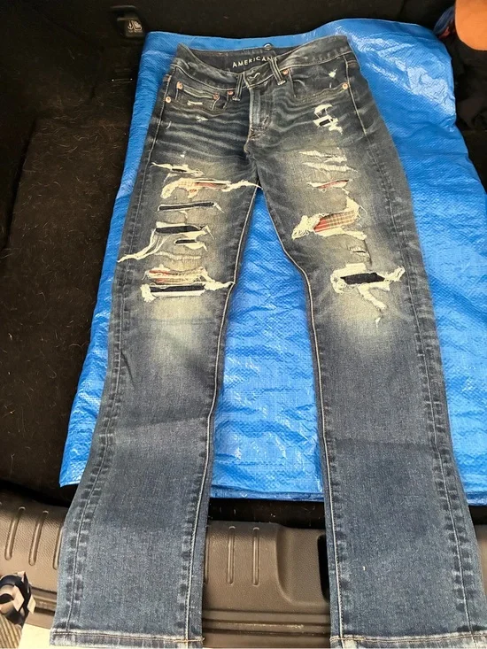 American Eagle Outfitters Men's Distressed Dark Blue Slim-Straight Jeans