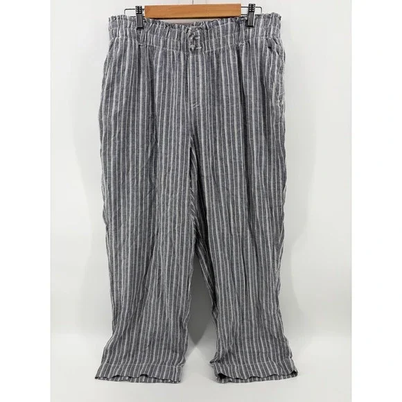 Briggs Linen Pants Grey Striped, Pull On Beach Coastal Summer, Size XL, Pre-Own
