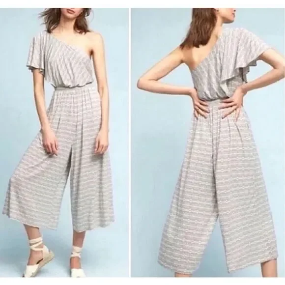 Maeve Anthropologie one shoulder wide leg cropped jersey jumpsuit size small