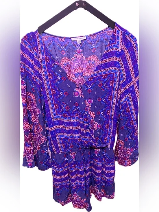 American Eagle Boho Paisley Floral Faux Wrap Bell Sleeve Romper M