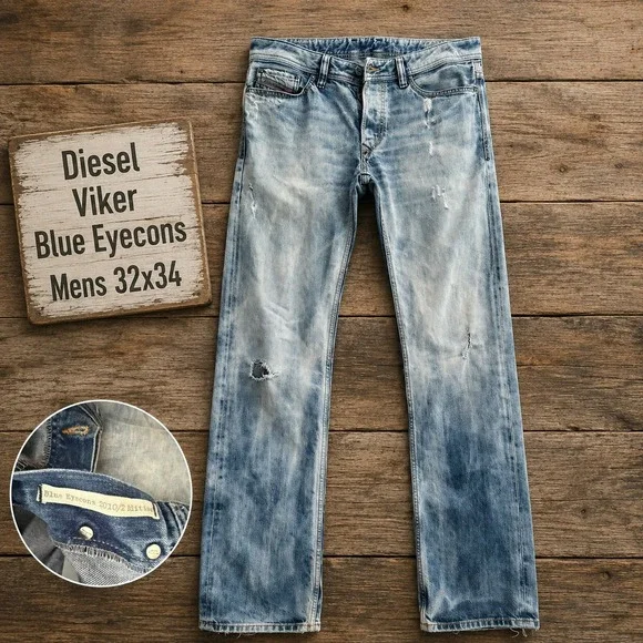 Diesel Viker Blue Eyecons 2010/2 Edition Mens Jeans 32x34 Light Wash Made Italy