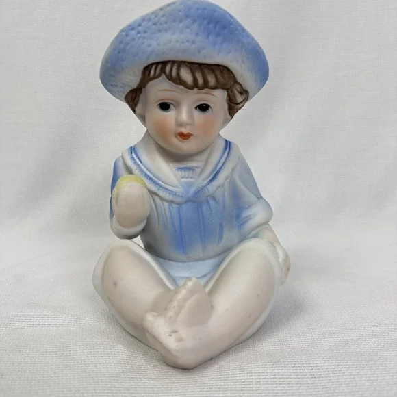 Vintage Porcelain Piano Babies Bisque Sailor Boy Figurine Doll Apple Blue/Yellow