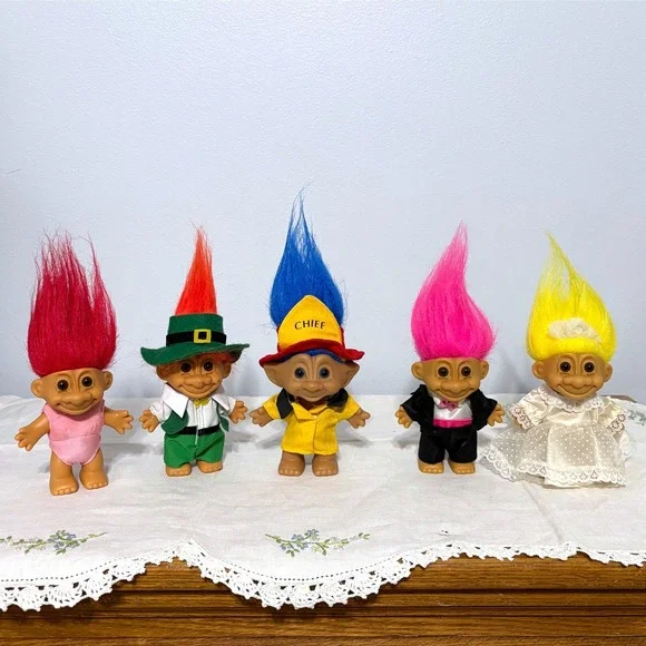 Vintage Russ Berrie Ace Novelty‎ Troll Doll Lot 5 Bride Groom Fire Chief 1990s
