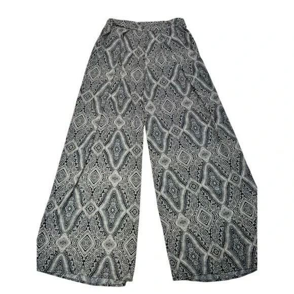 H&M Women’s Size 4 Boho Wide‎ Leg Palazzo Pants Black White Geometric Print