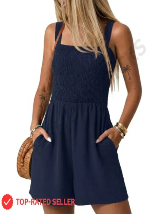 Women's Smocked Square Neck Romper with Pockets, Sleeveless Jumpsuit, Casual