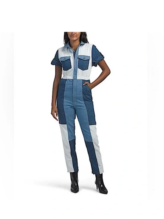 FARM Rio Colorblock Patchwork Denim Jumpsuit in Blue and White Size 24