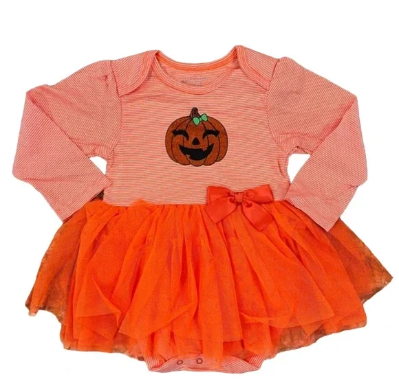 NWT Children's Place Orange/White Stripe W/Halloween Pumpkin Tutu Dress -