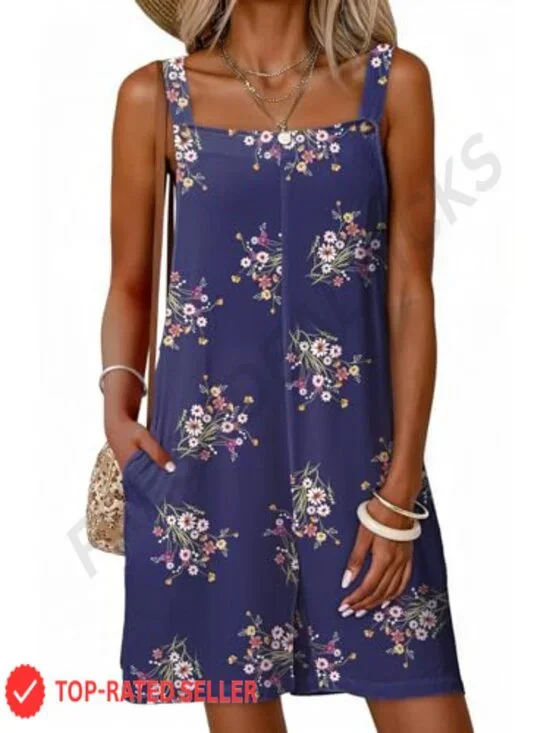 Women's Sleeveless Floral Romper Jumpsuit with Pockets, Loose Fit Casual