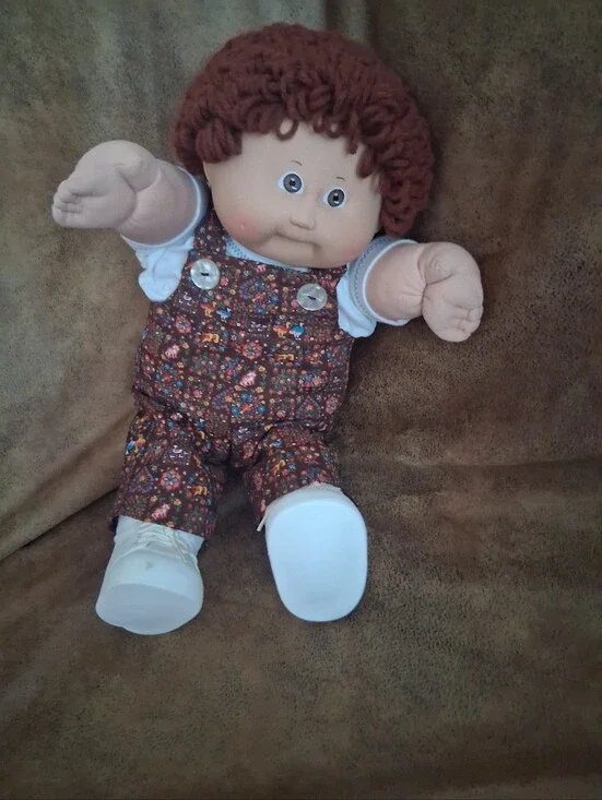 vintsge Brown-Haired Cabbage Patch Style Plush Baby Doll in Brown Overalls