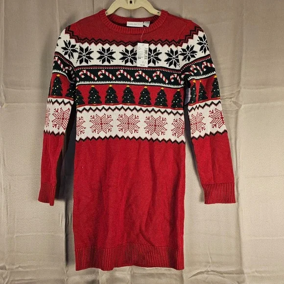 NWT The Children's Place Girls Red Fair Isle Christmas Sweater Dress 7 8‎