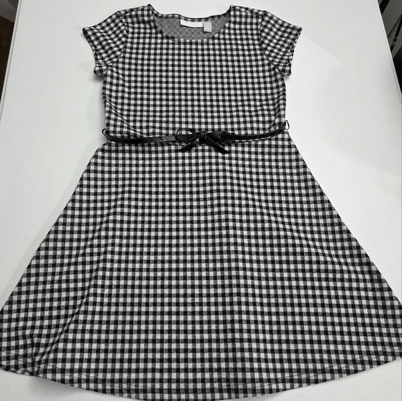 Girls Black & White Gingham Checkered Belted Dress Size 10 NEW without Tags
