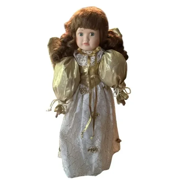 Porcelain Angel Doll Gold White Lace Dress Curly Brown Hair Decor Collectible