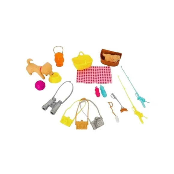 Barbie Puppy Picnic Camping Fun Doll Accessories Set- Bobble Head Dog,‎ Fishing