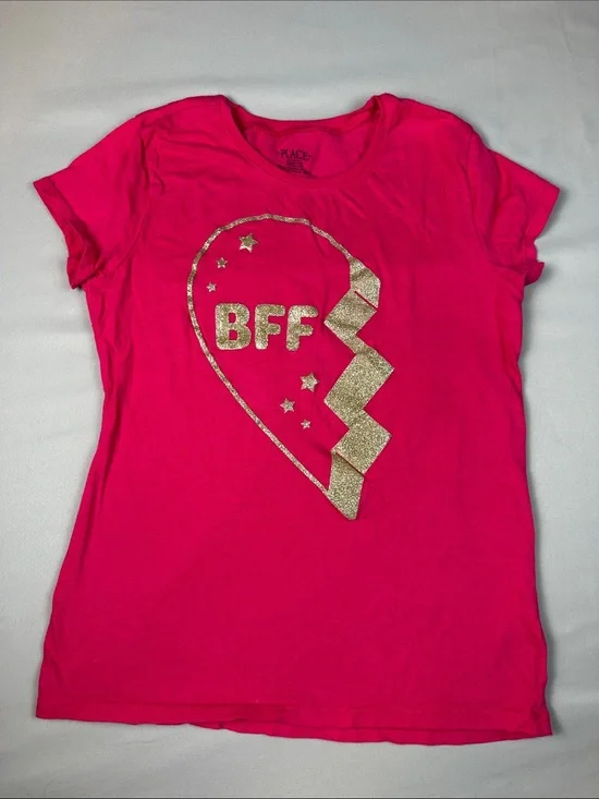 The Children's Place Girls Hot Pink Tee Gold Glitter BFF Heart XL 14
