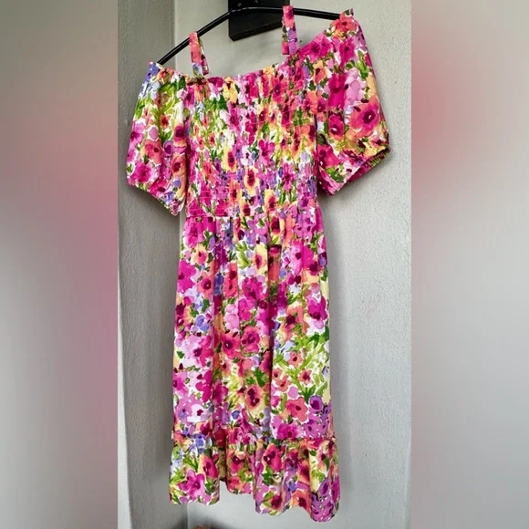 The Childrens Place Off Shoulder Short Sleeve Dress Pink & Yellow Floral 10/12