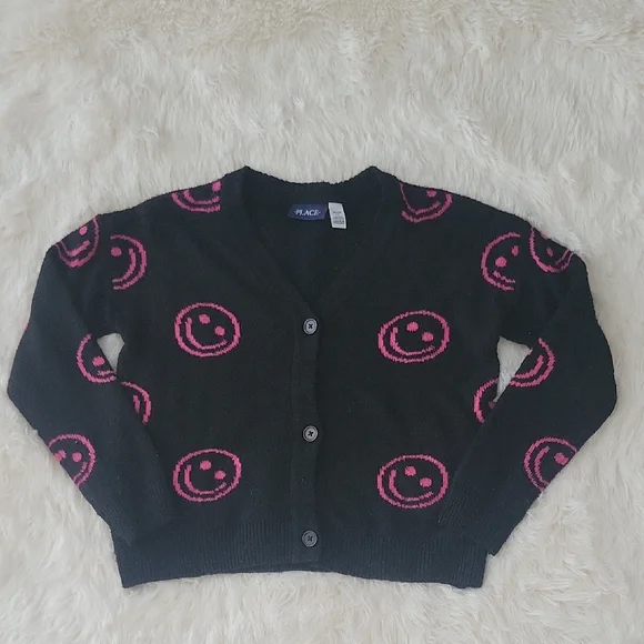The Children's Place Black Pink Emoji Cardigan V- Neck Sweater Girls Size 10/12