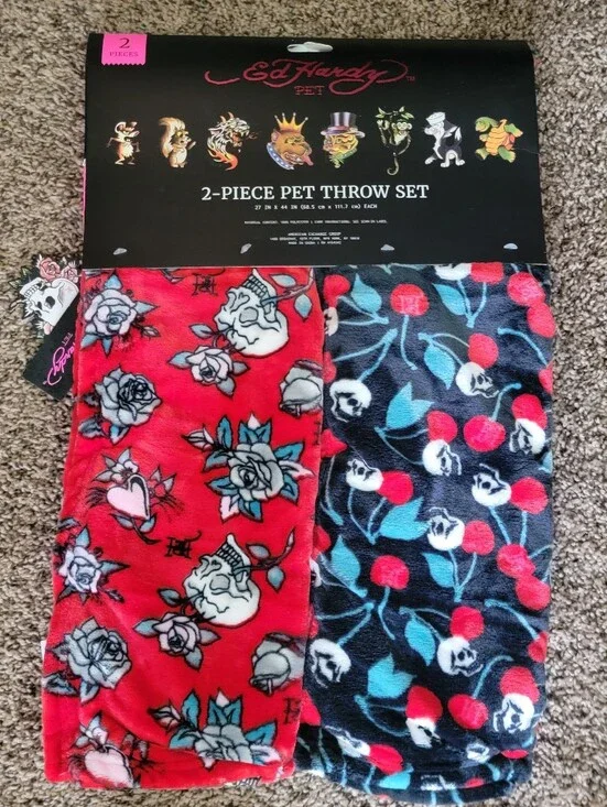 Ed Hardy Pet Dog Or Cat Blankets Throw Skull Cherries 2 Piece.. New!