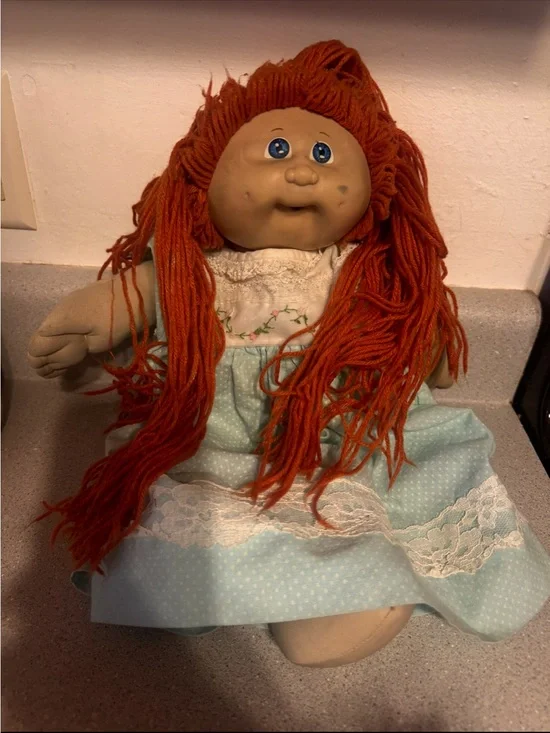 Collectible Red-Haired Rag Doll in Blue Dress
